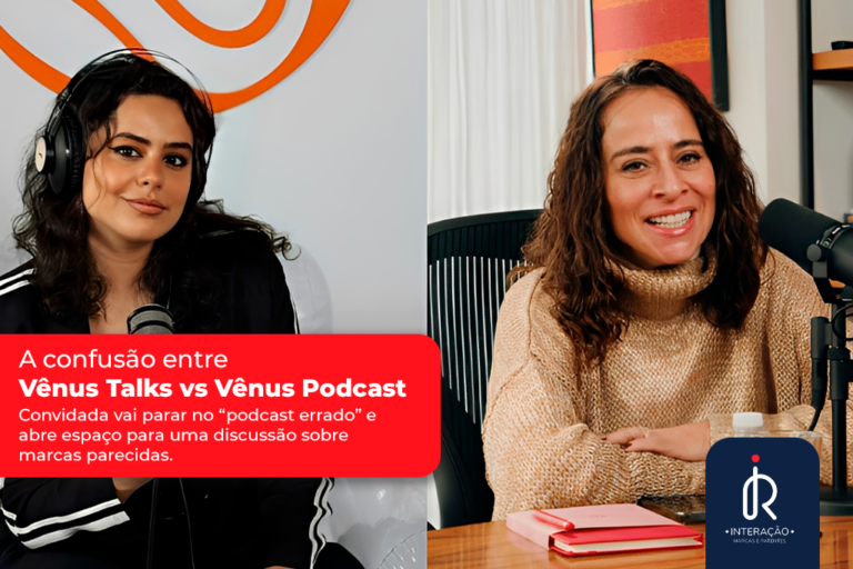 Microfone em estúdio de podcast ilustrando confusão entre nomes parecidos de marcas.